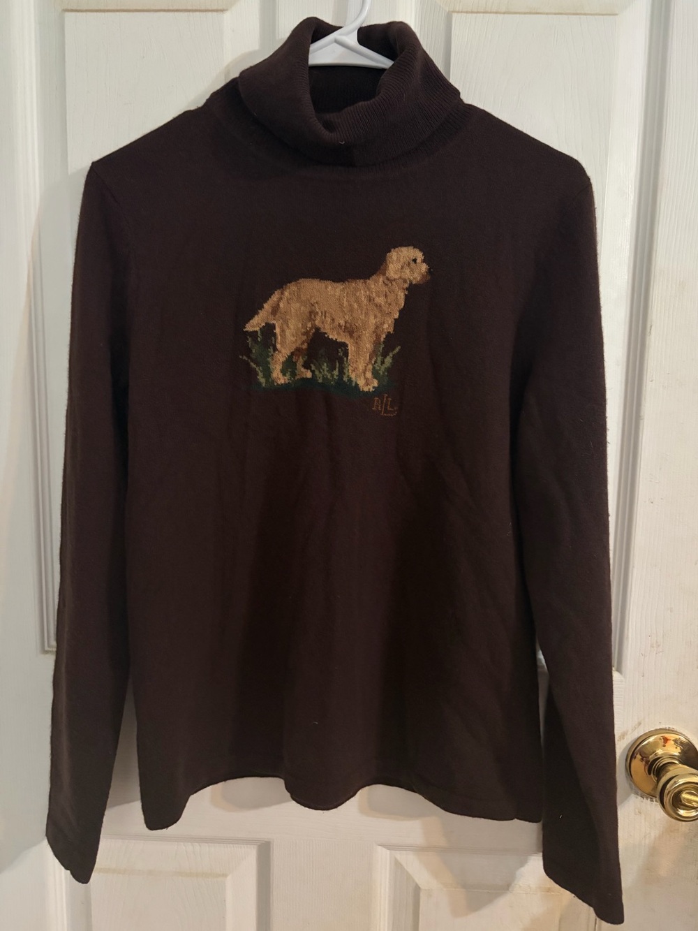 Ralph Lauren-Inspired Brown Turtleneck Sweater with Golden Retriever Motif